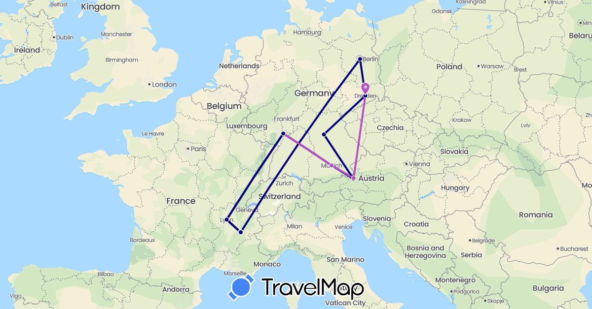 TravelMap itinerary: driving, train in Germany, France (Europe)